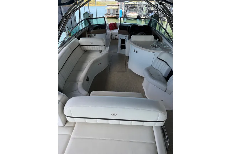  Yacht Photos Pics Luxurious interior of a 2018 Cobalt R35 boat with plush seating and elegant design.