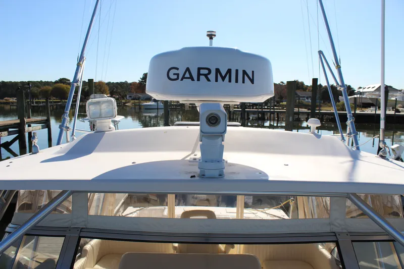 Tide Traveler Yacht Photos Pics 2008 Grady-White Express 330 boat with Garmin radar at dock.