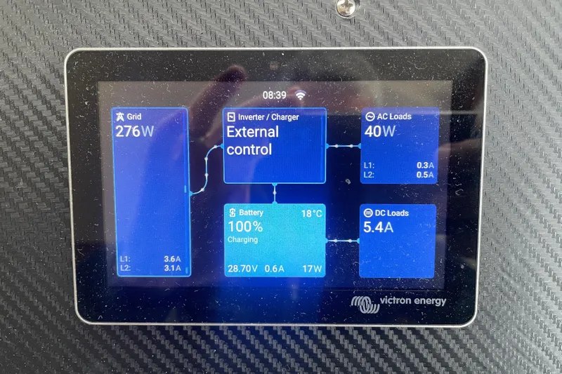 Dolce Far Niente Yacht Photos Pics Victron Energy display showing power usage on 2012 Maritimo C53 Sports Cabriolet.
