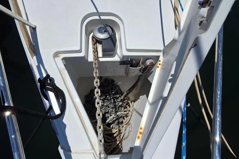  Yacht Photos Pics Anchor chain and rope storage on 2017 Jeanneau Sun Odyssey 389 sailboat.