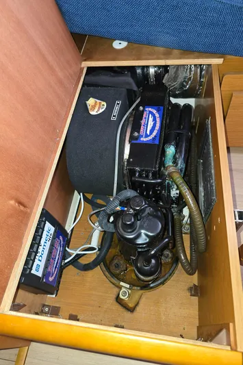  Yacht Photos Pics Engine compartment of 2017 Jeanneau Sun Odyssey 389 sailboat, showcasing mechanical components.
