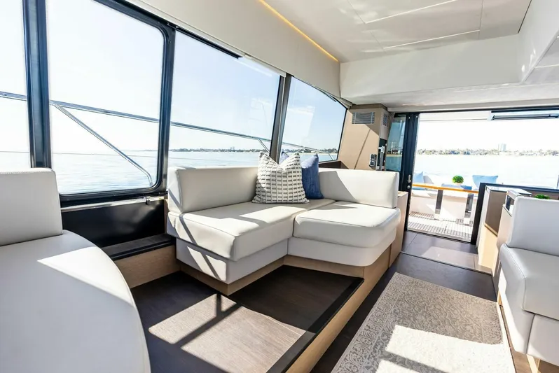 Anna Louise Yacht Photos Pics Luxurious interior of 2022 Prestige 590 flybridge yacht with elegant seating and panoramic windows.