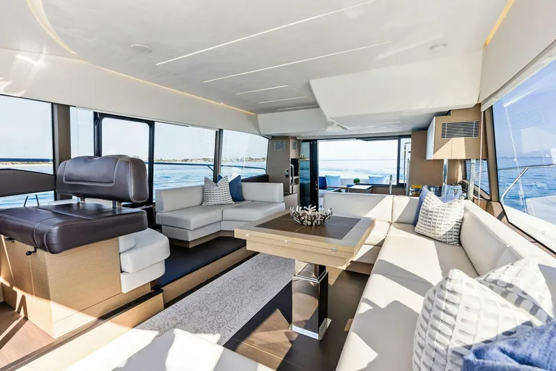 Anna Louise Yacht Photos Pics Luxurious interior of 2022 Prestige 590 flybridge yacht with modern seating and panoramic windows.