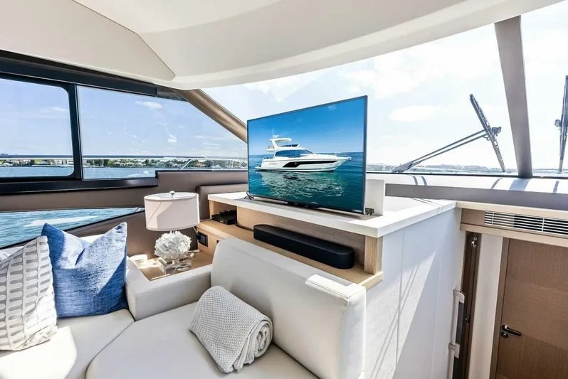 Anna Louise Yacht Photos Pics Luxurious interior of 2022 Prestige 590 flybridge yacht with modern decor and scenic views.