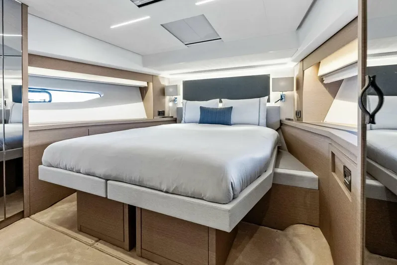 Anna Louise Yacht Photos Pics Luxurious bedroom interior of 2022 Prestige 590 flybridge yacht.