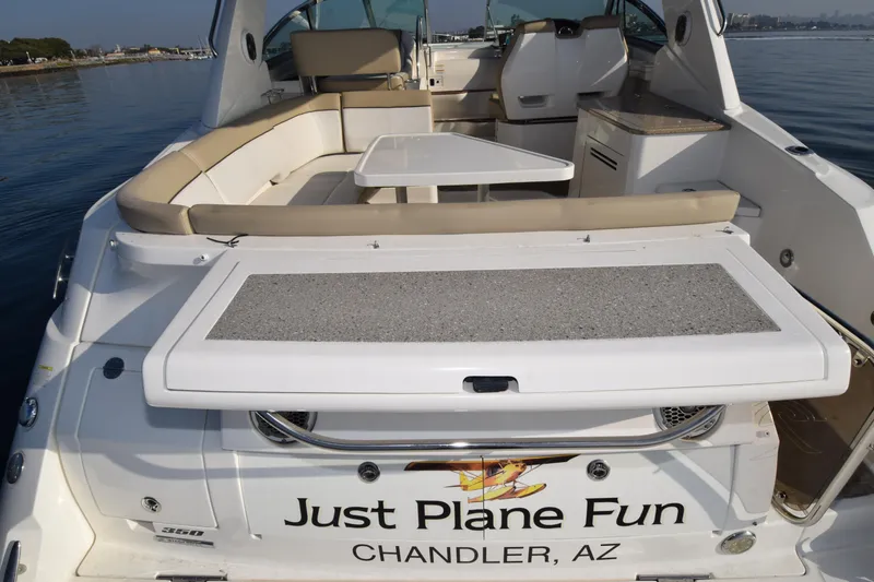 Just Plane Fun Yacht Photos Pics 2014 Sea Ray 350 Sundancer boat with "Just Plane Fun" text, docked in Chandler, AZ.
