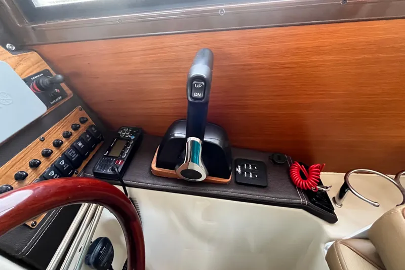 Skylark Yacht Photos Pics 2025 Ranger Tugs R23 boat dashboard with controls and steering wheel.