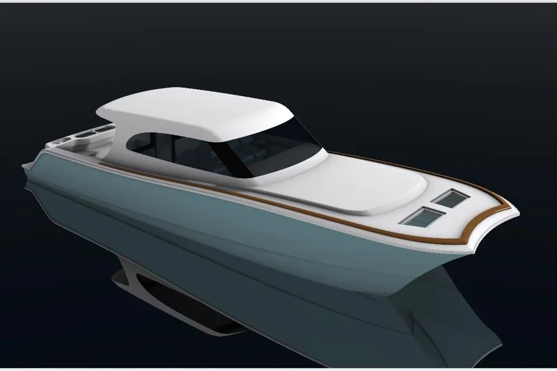  Yacht Photos Pics 2026 Front Runner 43HTX boat, sleek design, white and blue exterior, modern cabin.
