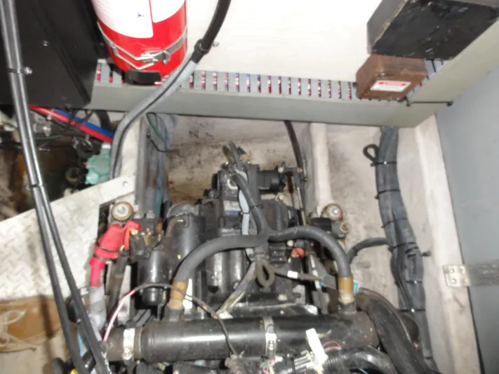  Yacht Photos Pics Engine compartment of a 2003 Sea Ray 380 Sundancer with visible fire extinguisher.