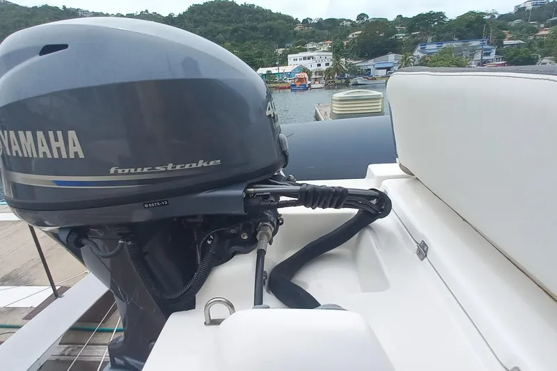 Amea Yacht Photos Pics Yamaha four-stroke engine on 2014 Lagoon 52 F yacht, docked in scenic marina.
