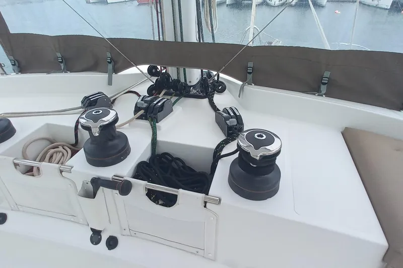 Amea Yacht Photos Pics Deck of 2014 Lagoon 52 F catamaran with winches and ropes.