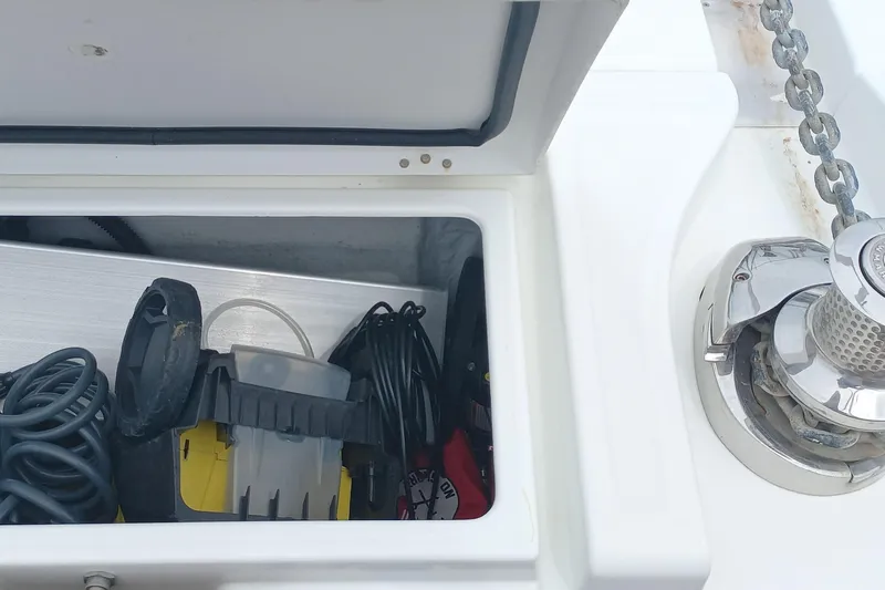 Amea Yacht Photos Pics Storage compartment on a 2014 Lagoon 52 F yacht with anchor chain and equipment.