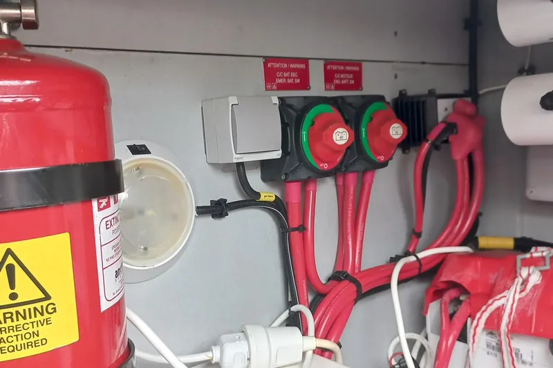 Amea Yacht Photos Pics Electrical panel and fire extinguisher on a 2014 Lagoon 52 F yacht.