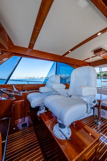 Twelve Bar Blues Yacht Photos Pics Luxurious 2019 Hinckley Talaria 43 Flybridge interior with plush white seating and wooden accents.
