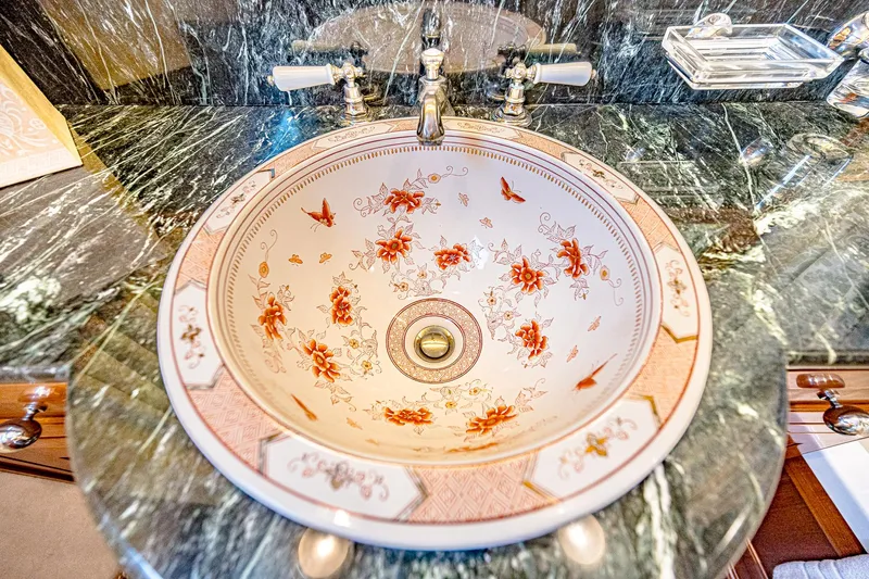 Diday Yacht Photos Pics Ornate floral sink with marble countertop in a vintage 1984 Burger model 91.