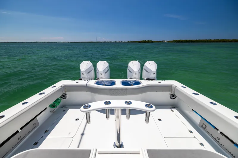  Yacht Photos Pics 2021 Freeman 42 LR boat with quad engines on open water.