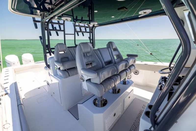  Yacht Photos Pics Interior of 2021 Freeman 42 LR boat with luxurious seating and ocean view.