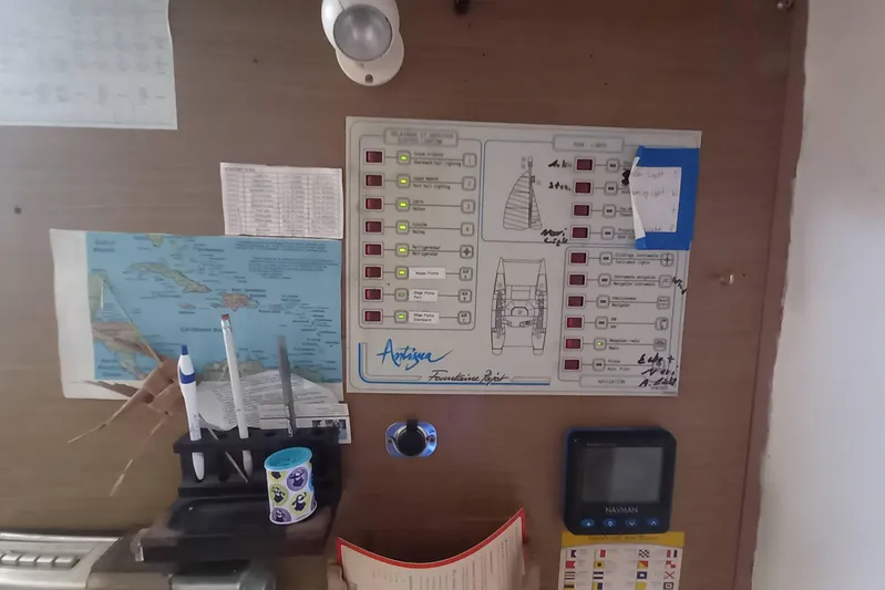 Dreamteam Yacht Photos Pics Control panel of a 1993 Fountaine Pajot Antigua 37 catamaran with navigation tools.