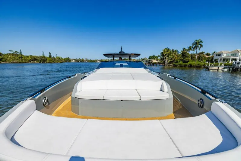  Yacht Photos Pics 2024 Rio Yachts Daytona 50 on serene water, showcasing sleek design and luxurious deck.