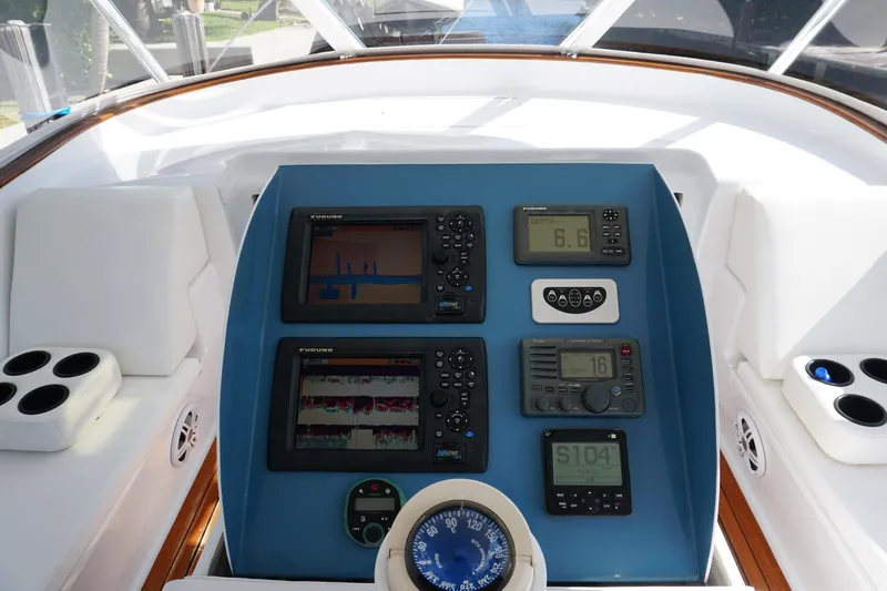  Yacht Photos Pics Control panel of 2010 Scopinich 35 EXPRESS boat with navigation and communication instruments.