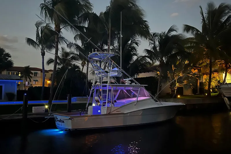  Yacht Photos Pics 2010 Scopinich 35 EXPRESS boat docked at night with illuminated blue lights.