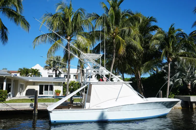  Yacht Photos Pics 2010 Scopinich 35 EXPRESS yacht docked by palm trees, clear blue sky.