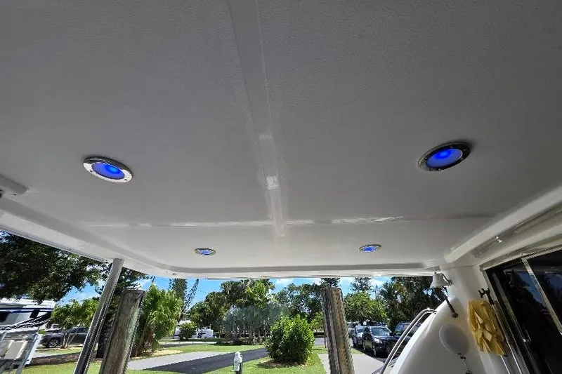 Blue Bird Yacht Photos Pics Ceiling view of 2008 Neptunus Flybridge MY with blue LED lights.