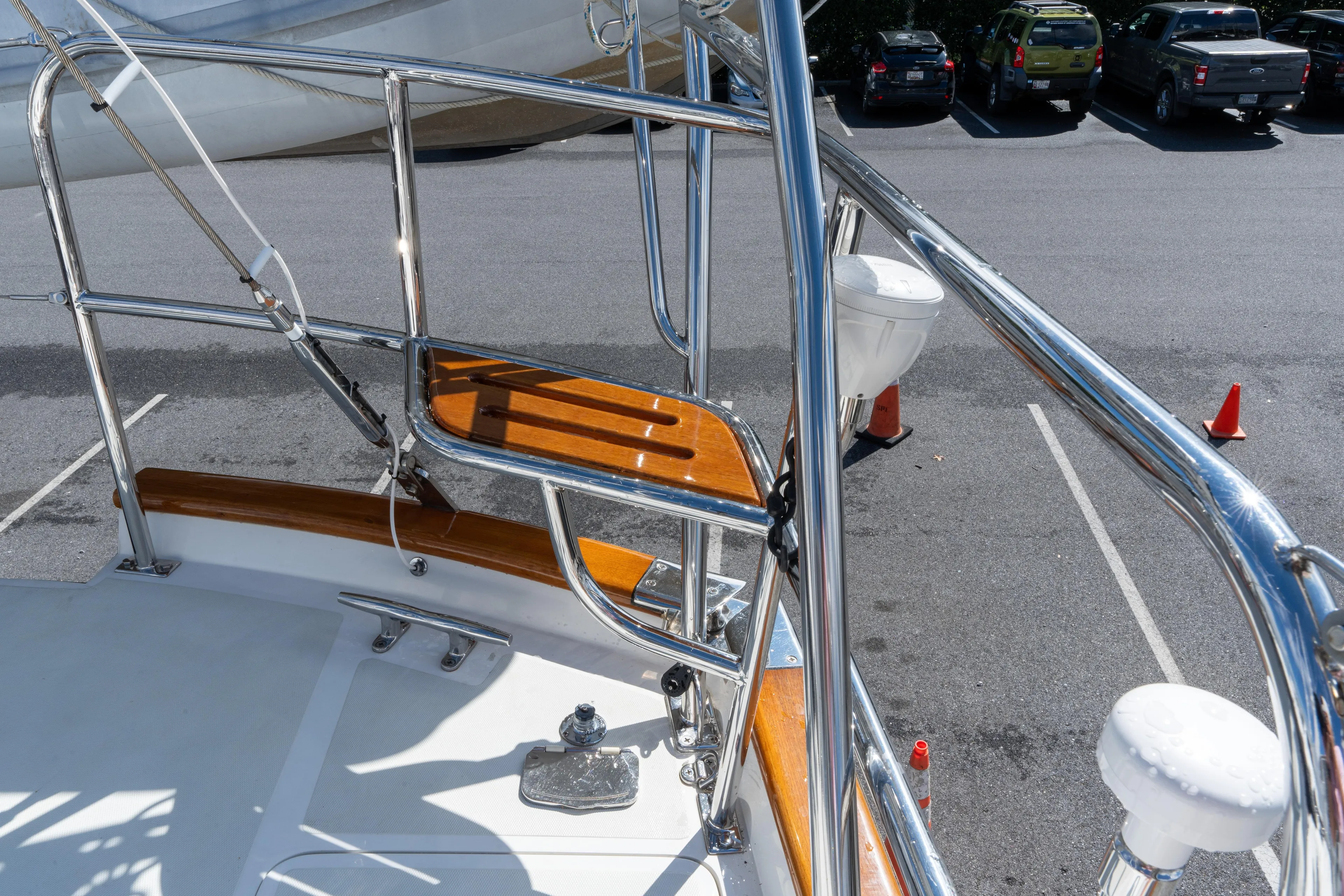Solitude Yacht Photos Pics 2018 Passport Vista 545 Center Cockpit yacht with polished railings and wooden accents.