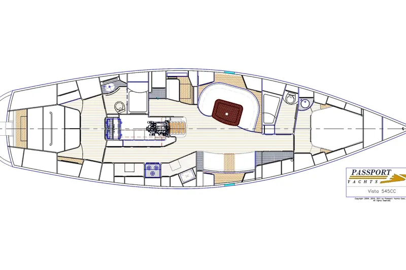 Solitude Yacht Photos Pics Floor plan of 2018 Passport Vista 545 Center Cockpit yacht, showcasing interior layout.