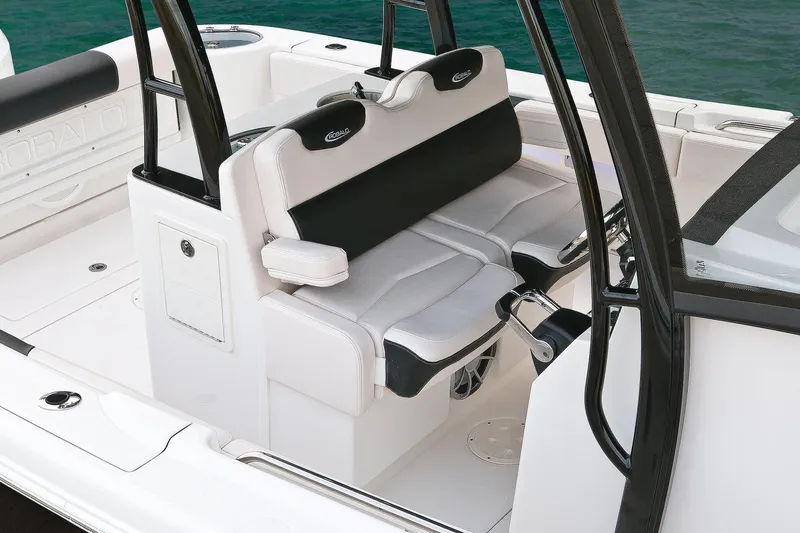  Yacht Photos Pics Manufacturer Provided Image: 2017 Robalo R302 Center Console boat seating area with black and white cushioned seats.