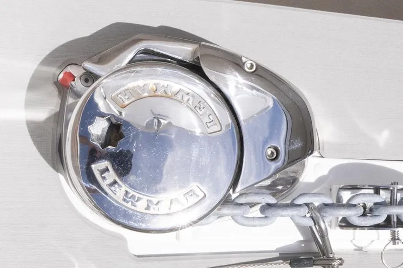  Yacht Photos Pics Chrome boat winch with chain on a 2026 Deep Impact 399 Sport.