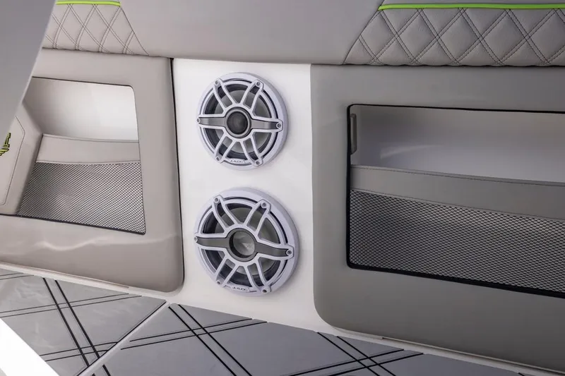  Yacht Photos Pics Interior of 2026 Deep Impact 399 Sport boat with speakers and storage compartments.