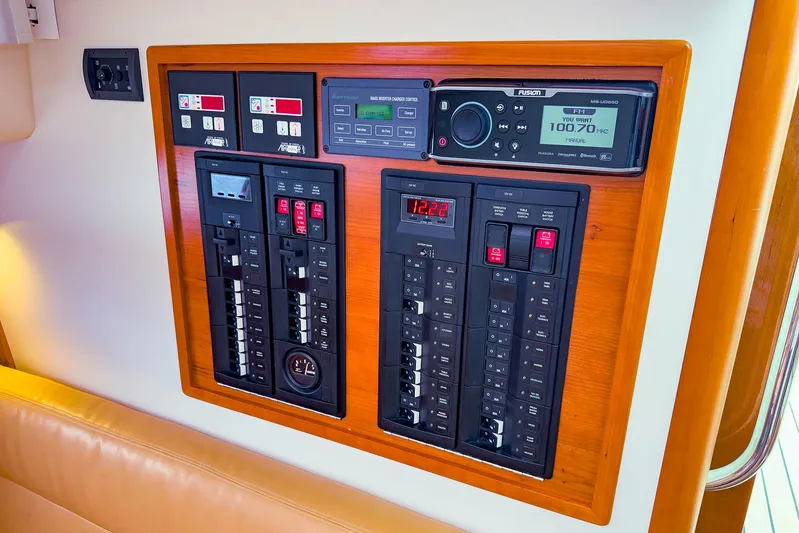 4750fr Yacht Photos Pics Control panel of 2012 MJM 40z Downeast boat with radio and switches.