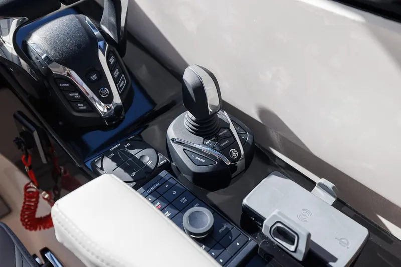  Yacht Photos Pics Control panel of 2026 Solara S-310 SB boat with joystick and throttle.