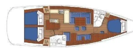 Le Reve Yacht Photos Pics Floor plan of a 2008 Beneteau Oceanis 49 sailboat, featuring cabins and living areas.