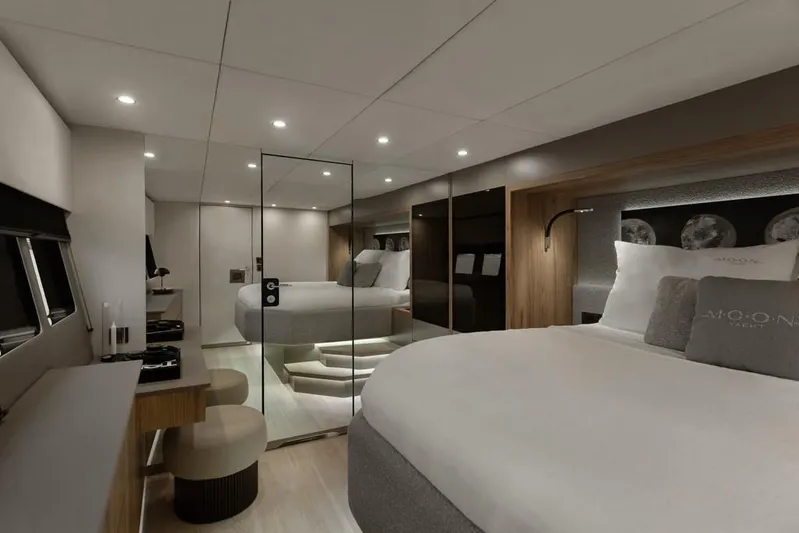 2026 Moon 60 Sail New Yacht Photos Pics Luxurious interior of 2026 Moon 60 Sail yacht with modern bedroom design.