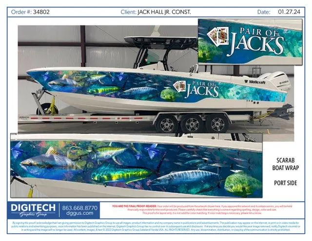  Yacht Photos Pics 2020 Wellcraft 302 Fisherman with vibrant 'Pair of Jacks' Scarab boat wrap design.
