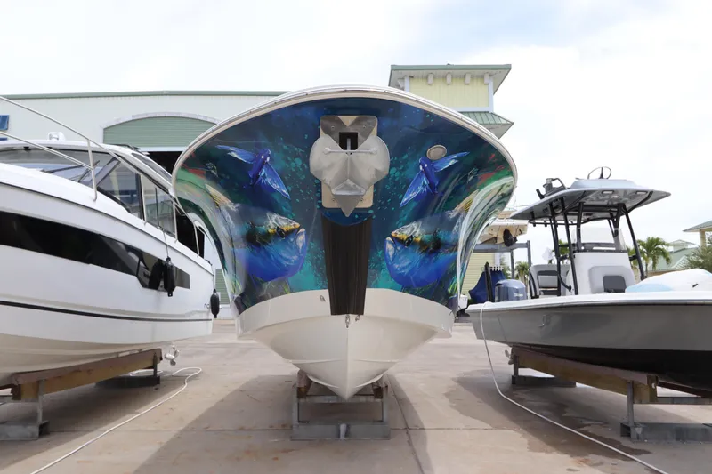  Yacht Photos Pics 2020 Wellcraft 302 Fisherman boat with vibrant marine-themed hull art.