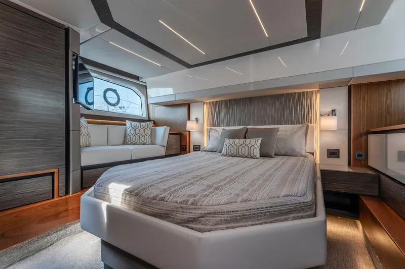  Yacht Photos Pics Luxurious interior of 2019 Tiara Yachts C49 Coupe with modern bedroom design.