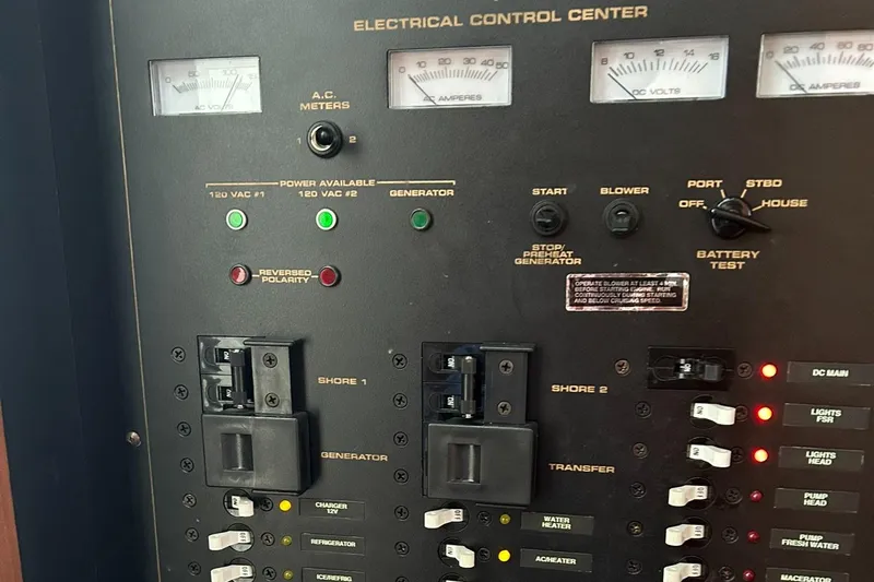 Ursula Yacht Photos Pics Electrical control panel of 2006 Cruisers Yachts 370 Express with meters and switches.