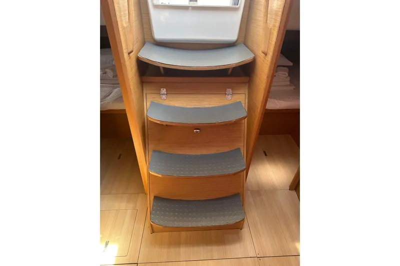  Yacht Photos Pics Interior view of 2020 Dufour 430 yacht, featuring wooden steps and cabin access.