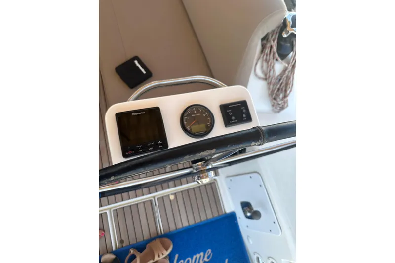  Yacht Photos Pics Helm of 2020 Dufour 430 sailboat with navigation instruments and seating.