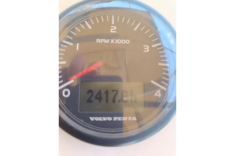  Yacht Photos Pics Volvo Penta tachometer displaying 2417.8 hours on a 2020 Dufour 430 sailboat.