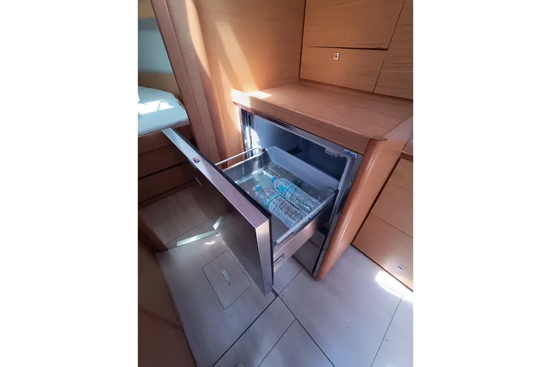  Yacht Photos Pics Built-in drawer fridge on 2020 Dufour 430 yacht, containing bottled water.