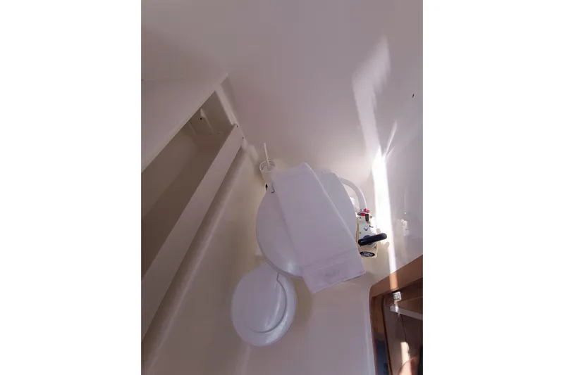  Yacht Photos Pics 2020 Dufour 430 yacht bathroom with toilet and towel.