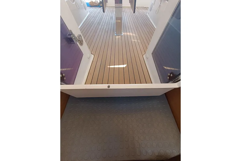  Yacht Photos Pics Interior view of 2020 Dufour 430 yacht, showcasing sleek wooden flooring.