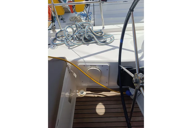  Yacht Photos Pics Cockpit of 2020 Dufour 430 sailboat with coiled ropes and steering wheel.