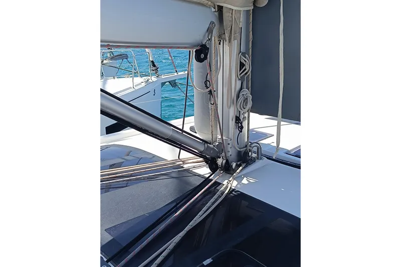  Yacht Photos Pics Dufour 430 sailboat deck and rigging, 2020 model, on clear blue water.