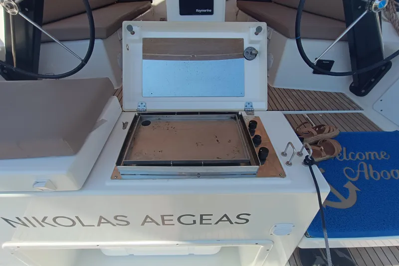  Yacht Photos Pics Dufour 430 yacht cockpit with grill, dual steering wheels, and welcome mat.