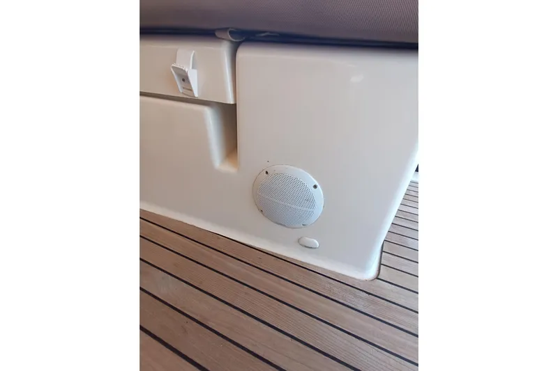  Yacht Photos Pics Speaker and seating detail on 2020 Dufour 430 yacht with wooden deck.